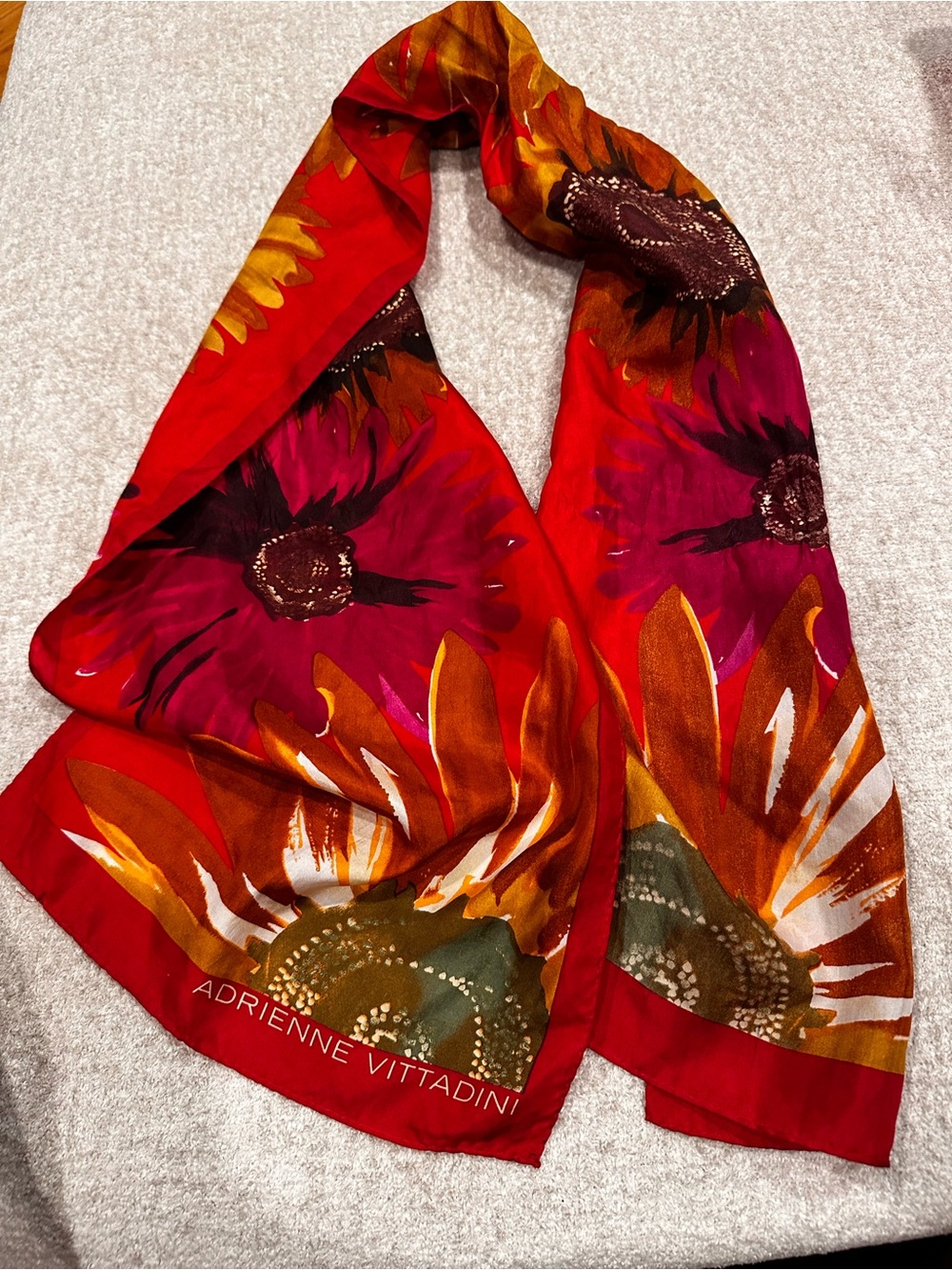 Adrienne Vittadini Red Floral Silk Wrap with Orange and Pink Accents